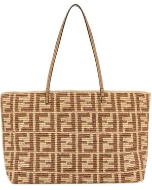 Fendi Ff Raffia Crochet Roll Large Shopper - Natural