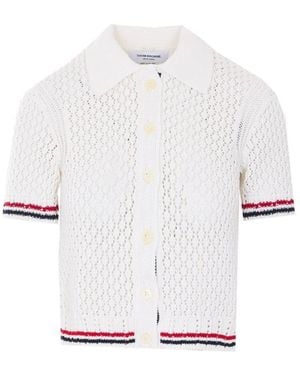 Thom Browne Hector Pointelle Polo Cardigan With Band Logo - White