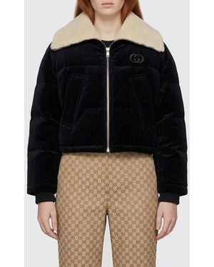 Gucci Velvet Padded Down Jacket With Shearling Collar - Black