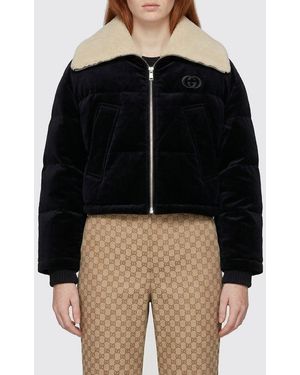 Gucci Velvet Padded Down Jacket With Shearling Collar - Black