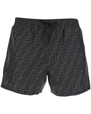 Fendi Swim Shorts With Elastic Drawstring Waist And All-Over Ff Motif - Gray