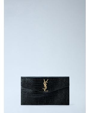 Saint Laurent Uptown Crocodile-Embossed Shiny Leather Pouch - Blue