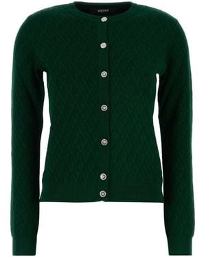 Versace Knit Sweater Textured V Jacquard Stretch Viscose - Green