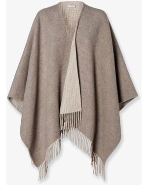 Fendi Wool And Cashmere Cape With Ff Zucca Print - Natural