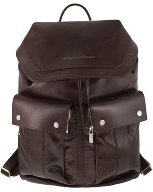 Brunello Cucinelli Leather Backpack With Utility Pockets - Brown