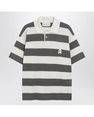 Ami Paris Ami De Coeur Striped Cotton Knit Polo Shirt - Gray