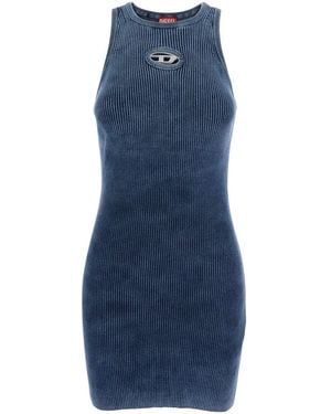 DIESEL Crewneck Sleeveless Dress With Cut-Out Logo On The Front - Blue