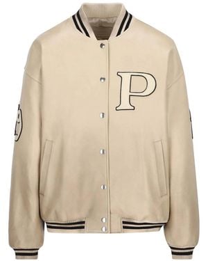 Prada Logo-Appliqué Leather Bomber Jacket - Natural
