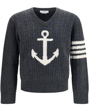 Thom Browne 4-Bar Merino Wool Sweater With Anchor Motif - Blue