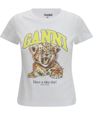 Ganni Tiger Cotton T-Shirt - White