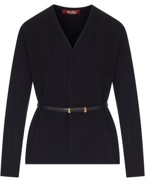 Max Mara Wool Cardigan With Leather Profiles And Belt - Blue
