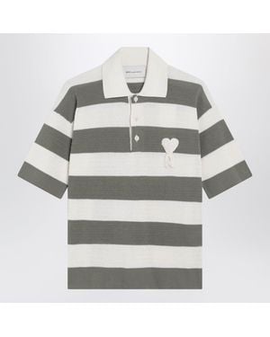 Ami Paris Ami De Coeur Striped Cotton Knit Polo Shirt - Gray