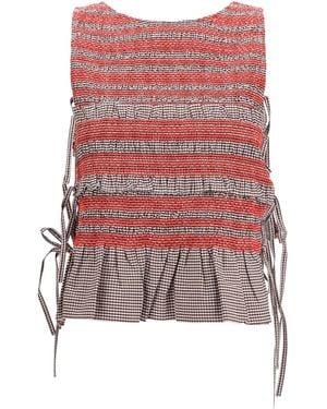 Ganni Elastic Printed Top With Ruching And Side Ties - Red
