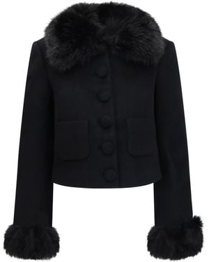Self-Portrait Wool-Blend Jacket With Faux Fur Cuffs - Black