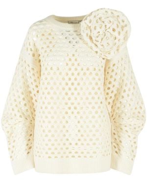 Blumarine Ivory Openwork Wool Cardigan - Natural