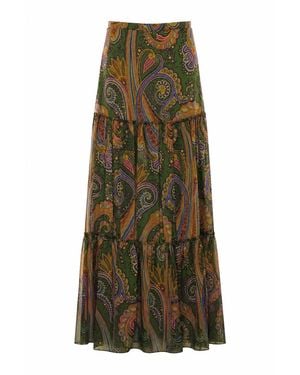 Etro Paisley Piazzata Print Silk Long Skirt - Green