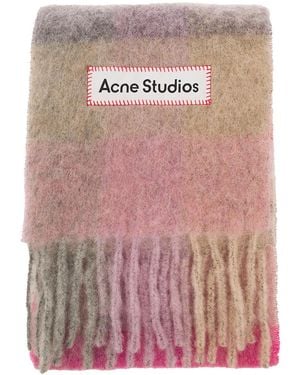 Acne Studios Scarf With Check Motif And Logo Patch - Pink