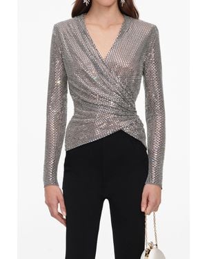 Self-Portrait Rhinestone Mesh Wrap Top - Gray