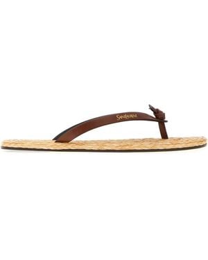 Saint Laurent Leather Jota Thong Slippers - Brown