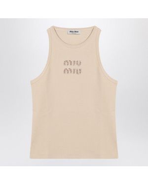 Miu Miu Top Ivory With Embroidered Logo - Natural