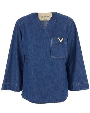 Valentino V-Neck Blouse With Vlogo Plaque On Front - Blue