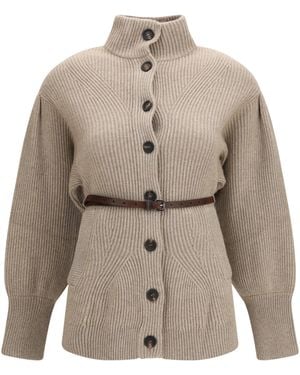 Brunello Cucinelli High Neck Cardigan With Belt - Natural