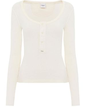 Chloé Scoop-Neck Cotton Jersey Henley Top - White