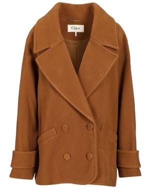 Chloé Short Double-Breasted Wool Coat With Herringbone Pattern - Brown