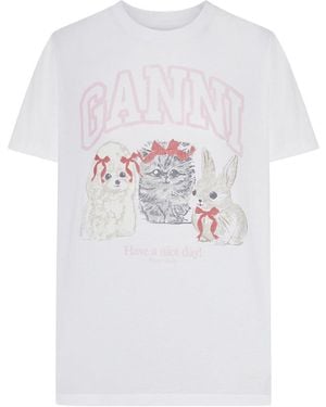 Ganni Cotton Jersey T-Shirt With Animals Print - White