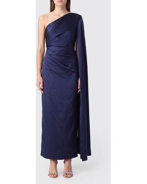 Solace London One-Shoulder Long Satin Gown With Draped Waist - Blue