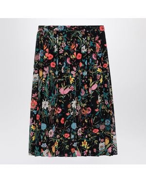 Gucci Pleated Midi Silk Skirt With Flora Print - Black