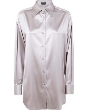 Tom Ford Stretch Silk Satin Relaxed Fit Shirt - Gray