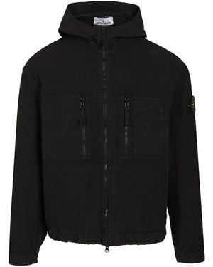 Stone Island Cotton Ripstop Hooded Jacket With Logo Badge On The Left Sleeve - Black