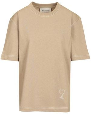 Ami Paris Ami Short Sleeves Boxy Fit Teeshirt With Topstitched Ami De Coeur - Natural