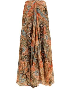 Etro Silk Long Skirt With Flounce And Paisley Motif - Natural