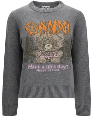 Ganni Teddy Wool Crewneck Sweater - Gray