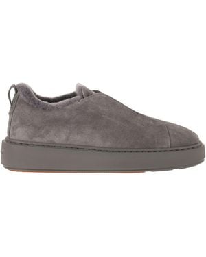 Santoni Slip-On Suede Sneakers With Fur - Gray