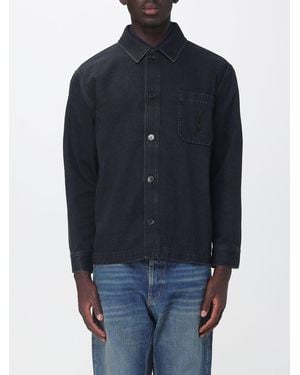 Saint Laurent Cotton Denim Shirt Jacket With Embroidered Ysl Monogram - Blue