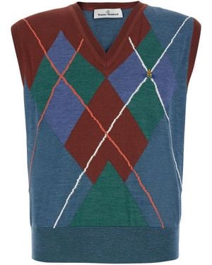 Vivienne Westwood Crew Neck Vest With Argyle Motif Logo On The Front - Blue