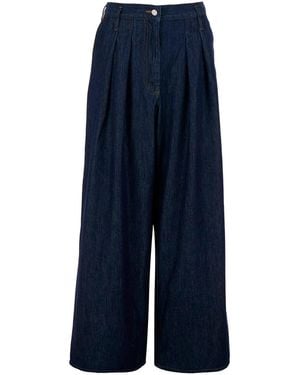 Dries Van Noten 'Pamplona' Pants With Leather Logo Patch On The Rear And Wide Leg - Blue