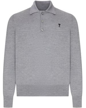 Ami Paris Ami De Coeur Wool Polo Shirt - Gray