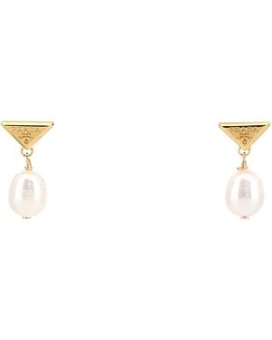 Prada Two-Tone Mini Pearl And Metal Drop Earrings - White
