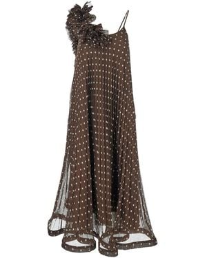 P.A.R.O.S.H. Long Dress With Thin Straps And All Over Polka Dot Motif - Brown