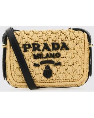 Prada Mini Raffia Shoulder Bag With Embroidered Logo - Metallic