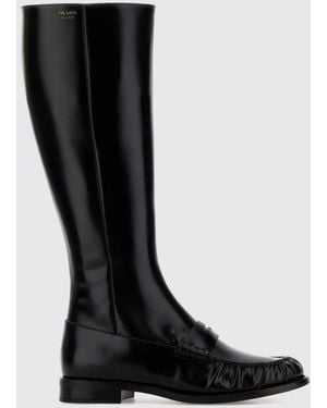 Prada Polished Leather Penny Knee-High Boots - Black