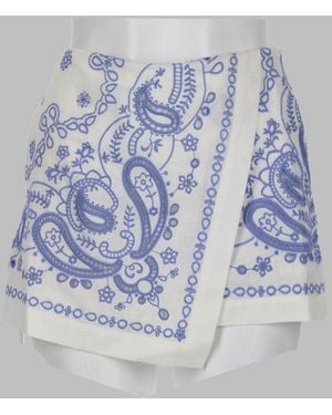 Self-Portrait Linen Blend Mini Shorts - Blue