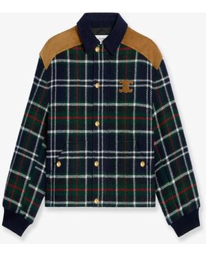 Celine Tartan Wool Jacket With Suede Inserts - Blue
