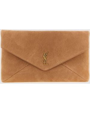 Saint Laurent Suede Calfskin Envelope Clutch With Ysl Monogram - Brown