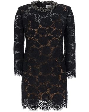 Self-Portrait Mini Dress With Beaded Collar And All-Over Lace Embroidery - Black