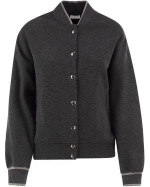 Brunello Cucinelli Technical Jersey Bomber With Luminous Knit Trims - Black